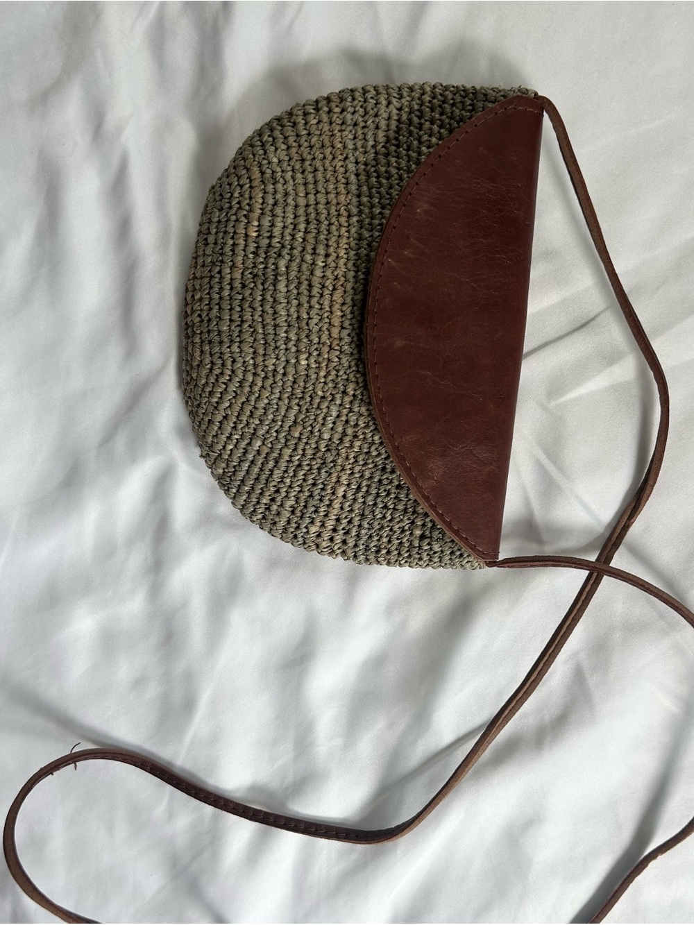 Woven Straw Crossbody Bag with Brown Leather Flap